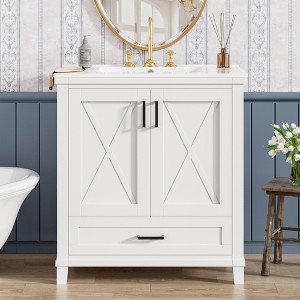 Whisen 24" Bathroom Vanity with Single Sink, Solid Wood/MDF Frame, 2 Soft-Close Doors & 1 Divided Drawer with Storage Shelves - 1 of 4