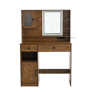 Gulches Farmhouse Makeup Vanity Desk - Mirror with 3-Color Lights, Charging Station, Stool, Drawers, Shelves & Side Cabinet for Bedroom,Brown - 1 of 4