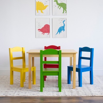 Natural Wood Kids Table with Multicolor Chairs Set