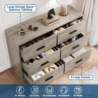 Modern drawer dresser with 6 drawers, solid structure, deep drawers, with anti-tip device, suitable for home, office, living room