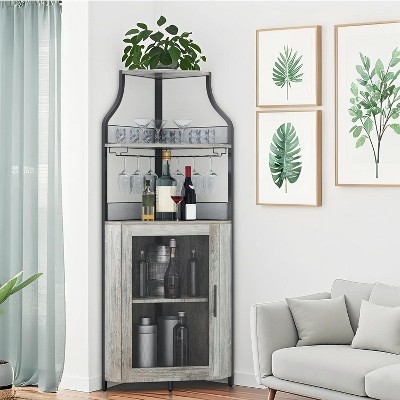 Corner Wine Bar Cabinet With Detachable Rack - Industrial Grey Sideboard With Glass Holder & Mesh Door