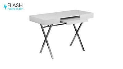 Sleek White 44.25'' Computer Desk with Chrome X-Trestle Base and Keyboard Tray