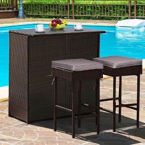 Costway Patio 3PCS Rattan Bar Table Stool Set Cushioned Chairs with  Cover - 1 of 4