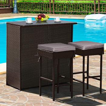 Costway Patio 3PCS Rattan Bar Table Stool Set Cushioned Chairs with  Cover