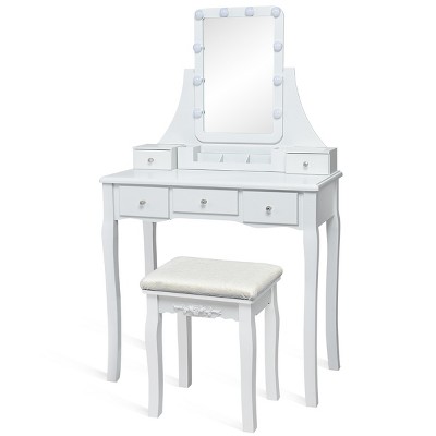 Tangkula LED Vanity Table Makeup Dresser Desk w/Drawers &Cushioned Stool Black/Brown/White