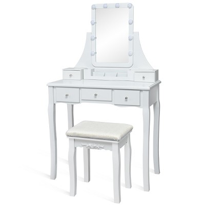 Tangkula Bedroom Makeup Vanity Dressing Table Stool Set with 3 Colors Lighted Mirror Large Storage Cabinet Drawer White