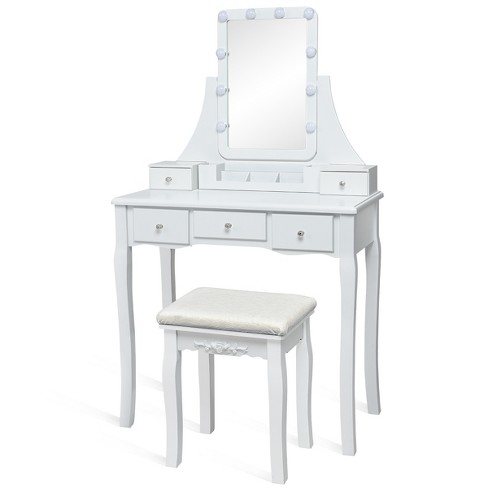 Costway Vanity Table Set Lighted Mirror Storage Drawer Shelf Cushion Stool  : Target