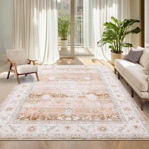 Washable Vintage Rug Non Slip Low Pile Rug Soft Throw Floor Cover Floral Foldable Indoor Carpet for Living Room Bedroom Playroom Nursery - 1 of 4