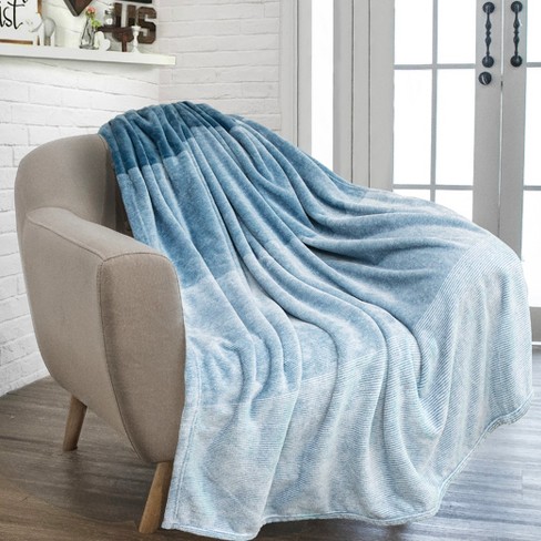 PAVILIA Premium Fleece Throw Blanket for Sofa Couch Soft Flannel Plaid Stripe Decorative Print Blanket Gradient Sea Blue Throw 50x60