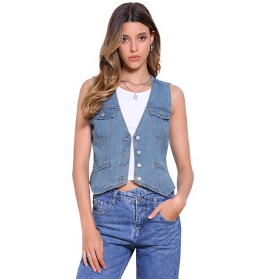 INSPIRE CHIC Women's Button Down V Neck Sleeveless Denim Vest Jacket