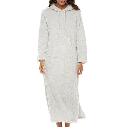 ADR Women's Plush Sweatshirt Robe with Pockets, Long Hooded Fleece Duster  Kaftan Light Gray X Small