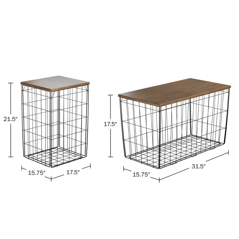 Lavish Home Set of 3 Living Room Tables - Metal Basket Storage with Removable Lids - 2 Small Side and 1 Large Accent Table (Brown/Black), 3 of 9