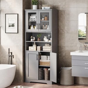 67" Cupboard Modern Bathroom Storage Cabinet with Glass Doors and Adjustable Shelves, Tall Storage Cabinet for Kitchen, Living Room, Gray - 1 of 4