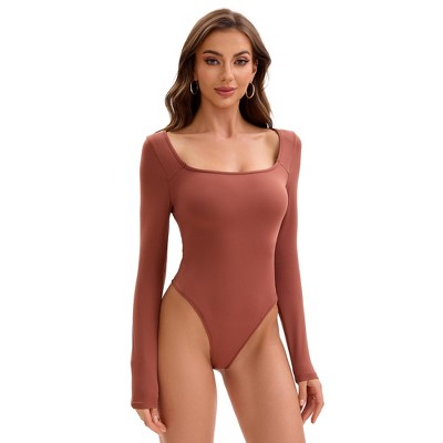 INSPIRE CHIC Women's Long Sleeve Bodysuit Slim Fit Square Neck Tummy Control Brief Leotard