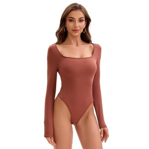 INSPIRE CHIC Women's Long Sleeve Bodysuit Slim Fit Square Neck Tummy Control Brief Leotard - 1 of 4