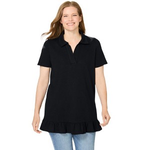Woman Within Plus Size Short Sleeve Ruffle Hem Polo Tunic - 1 of 4