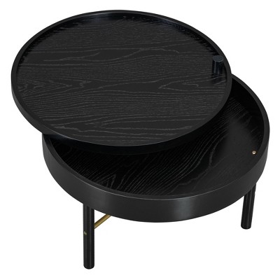 Vynxaria Series 24 in. Black Round MDF End Table with Rotating Tray and Storage