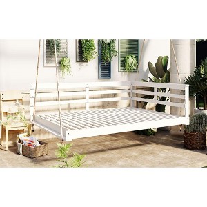 Okak 55-inch W/40.9-inch W Acacia Wood Porch Swing Bed,Porch Swing with 4pcs 96-inch Ropes,Outdoor Hanging Bench Swing for Patio,Backyard,Garden - 1 of 4