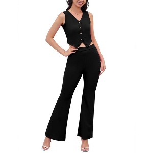 Whizmax 2 Pieces Casual Outfits For Women V Neck Sleeveless Blazer Vest High Waist Wide Leg Pant Suit Sets - 1 of 4