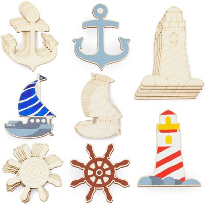 Bright Creations 24 Pack Nautical Wood Cutouts for Crafts, Unfinished DIY Wooden Ornaments, Sailboat, Ship Wheel, Anchor, Lighthouse