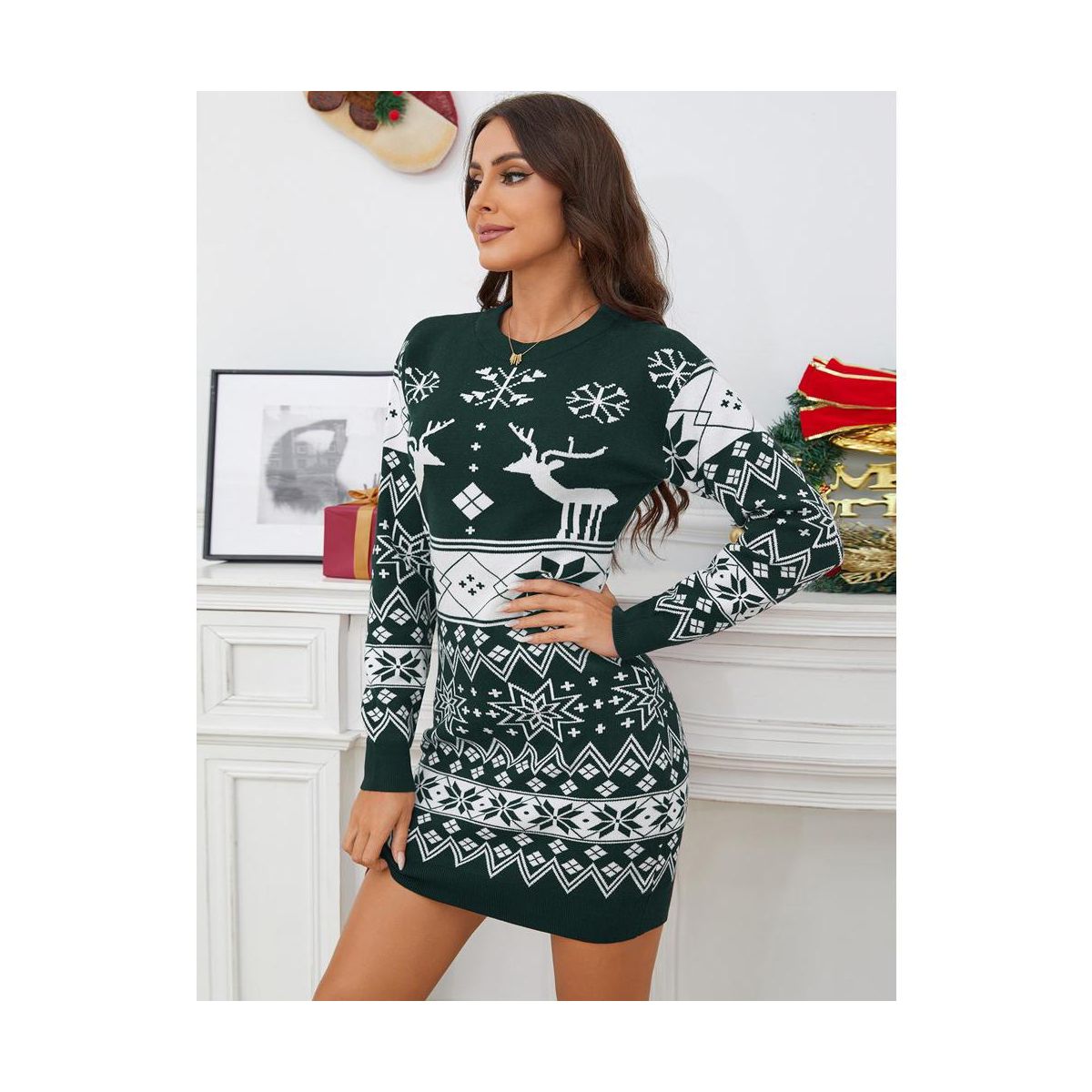 Women's Cute Ugly Christmas Sweater Dress Long Sleeve Crew Neck Pullover Reindeer Snowflakes Printed Holiday Mini Sweater Dress - thumbnail 5