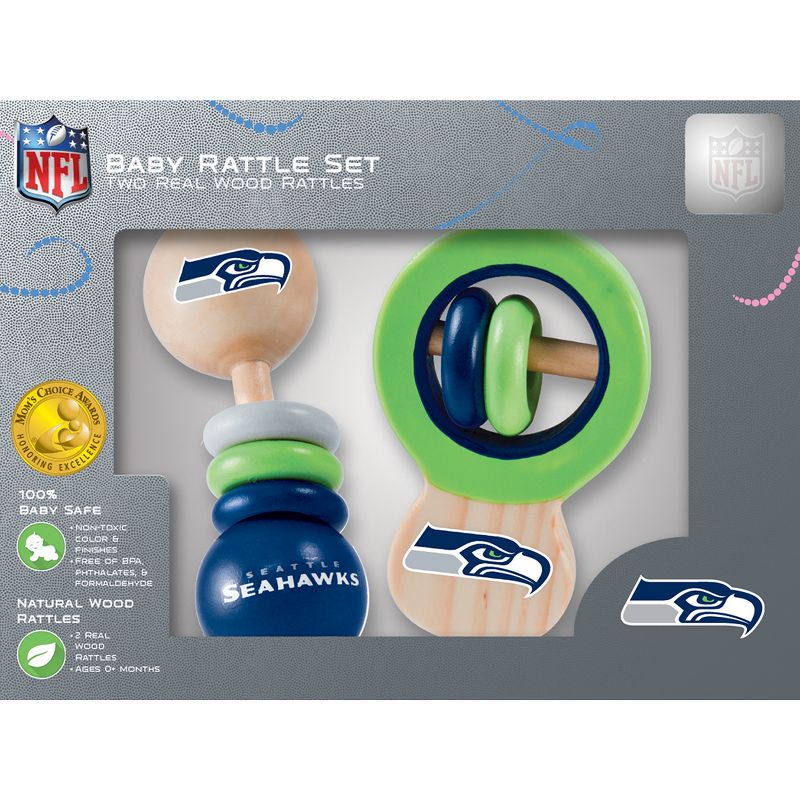 Baby Fanatic Wood Rattle 2 Pack - NFL Seattle Seahawks Baby Toy Set, 1 of 5