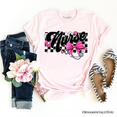 Nurse Floral Coquette Pink Bow T-Shirt, Retro Stethoscope Checkered Tee| OrnamentallyYou
