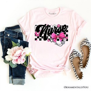 Nurse Floral Coquette Pink Bow T-Shirt, Retro Stethoscope Checkered Tee| OrnamentallyYou - 1 of 4