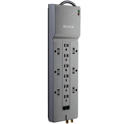 Belkin® Home/Office Surge Protector Power Strip, 12 Outlets, with Telephone/Modem Protection, RJ45 & Coaxial Protection, BE112234-10 in Gray