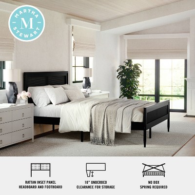Black Queen Size Wood Platform Bed with Rattan Headboard and Footboard