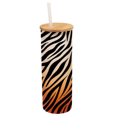 Elanze Designs Zebra Animal Print Wrap-Around Design 25 Ounce Frosted Gradient Glass On-The-Go Coffee Travel Skinny Tumbler Mug Cup, Bamboo Lid and