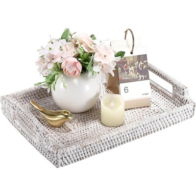 BRINJOY Handwoven Rattan Tray with Wooden Handles - 13.6x9.8 inch White Rectangular Ottoman Tray for Coffee Table Decor