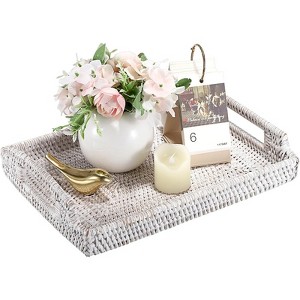 BRINJOY Handwoven Rattan Tray with Wooden Handles - 13.6x9.8 inch White Rectangular Ottoman Tray for Coffee Table Decor - 1 of 4