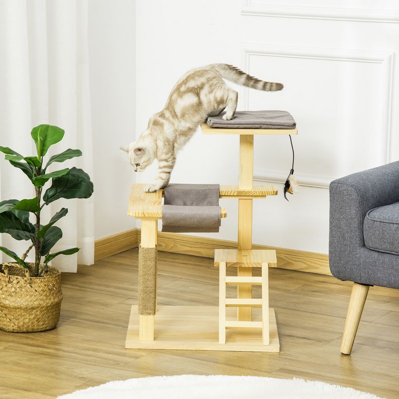 PawHut 25.5" Cat Tree Kitty Activity Center, Pinewood Climbing Toy Indoor Pet Furniture with Jute Scratching Post, Bed Perch Hanging Ladder Cushion, Natural, 3 of 7