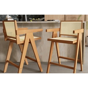 Lyngins Square Bar Stools Set of 2 with Armrests,Rattan Kitchen Chairs with Wood Frame,Polyester Counter Stools for Kitchen Island,Pub - 1 of 4