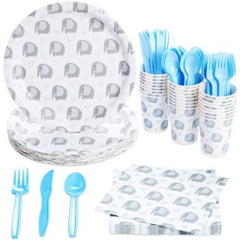 Blue Panda Elephant Baby Shower Decorations for Boy Theme, Elephant Party Supplies With Paper Plates, Napkins, Cups, and Cutlery, Serves 24 Guests