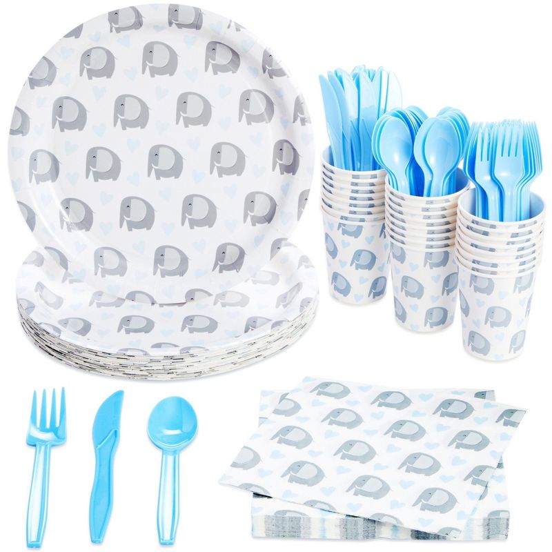 Blue Panda Elephant Baby Shower Decorations for Boy Theme, Elephant Party Supplies With Paper Plates, Napkins, Cups, and Cutlery, Serves 24 Guests, 1 of 8