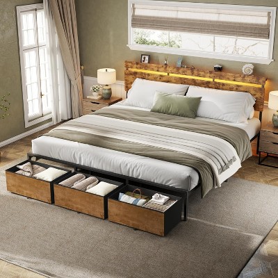 King Size Bed Frame with Wood Headboard, Metal Platform Bed with 3 Storage Drawers Shelf Built-in Charging Station LED Lights No Box Spring Needed