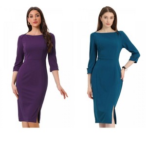 INSPIRE CHIC Women's Elegant Boat Neck 3/4 Sleeves Work Midi Split Sheath Dress 2 Packs - 1 of 4