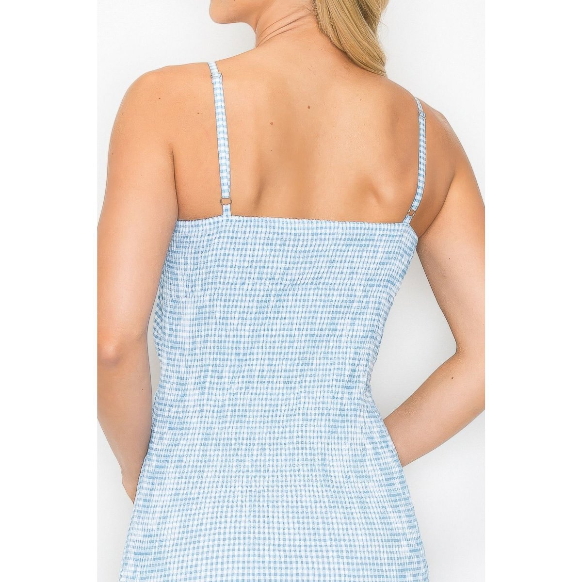 Женские платья Slickblue Checker Pattern Smocked Midi Dress Women, Front Knot Detail Bodycon Dress, Casual Summer Outfit, Blue, M — фото 3