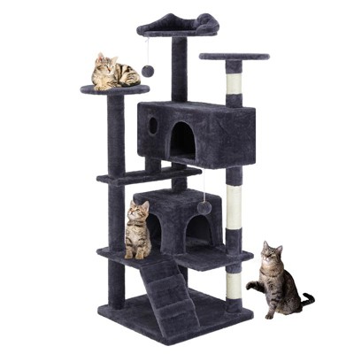 Aukfa 54-Inch Cat Tree Tower with Scratching Posts, Double Condos & Dangling Toys - Beige Pet Playhouse for Kittens and Cats, Dark Blue