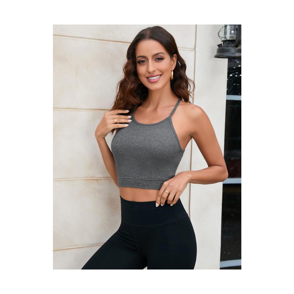 Womens Spaghetti Strap Camisole Tank Ribbed Cropped Basic Sleeveless Tops Sports Bra for Women Non Padding Yoga Bra Crop - thumbnail 10