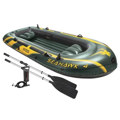 Intex Seahawk 4, 4 Person Inflatable Floating Boat Raft Set with Aluminum Oars and High Output Air Pump for Fishing and Boating in Rivers and Lakes