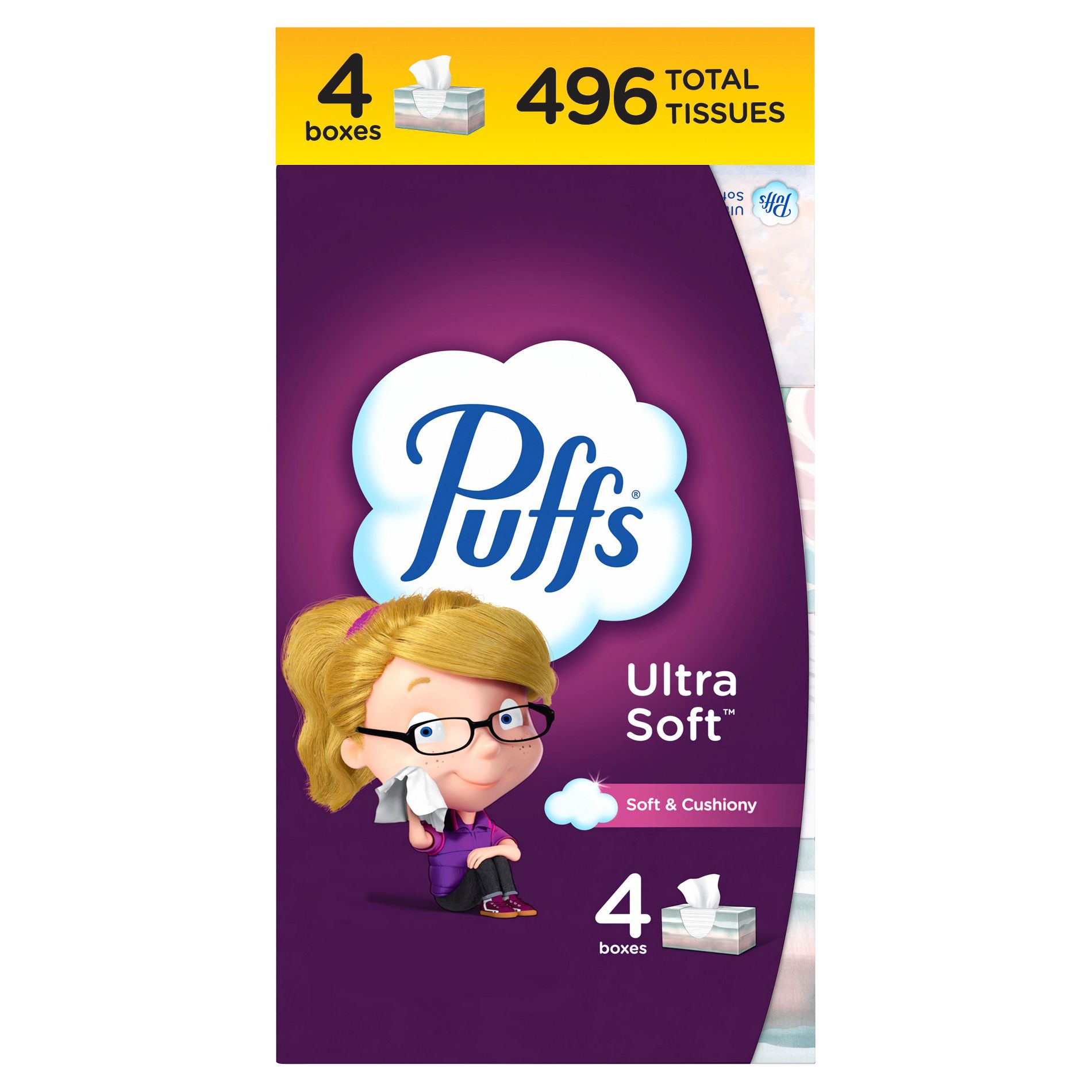 Puffs Ultra Soft Facial Tissue - 4pk/496ct: Rectangle, No Fragrance Added, Dye-Free, Non-Toxic