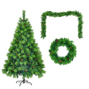 JUJABU 6FT Green Artificial Christmas Tree Set with Garland and Wreath, Festive Decor for Home, Office, or Holiday Party - 1 of 4