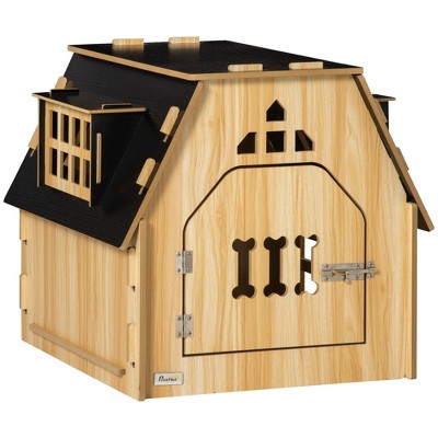 PawHut Cottage Design Small Dog House Indoor, Cute Wooden Pet Homee with Windows, Lockable Door with Bone Shape for Small Sized Dogs, Oak