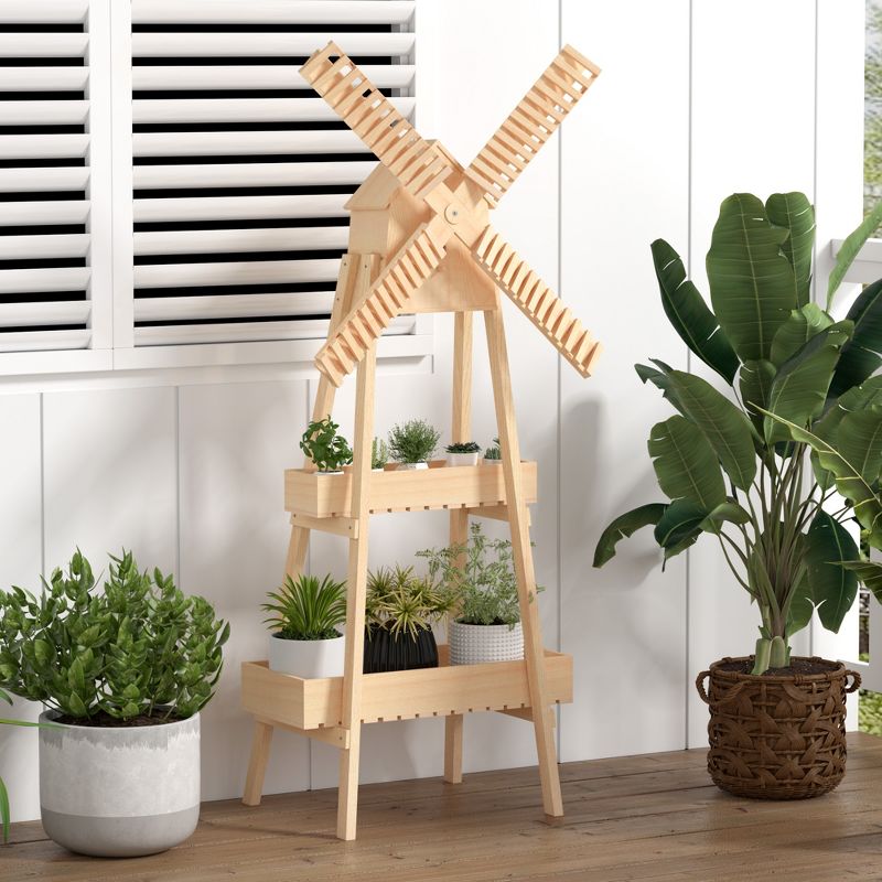Outsunny Outdoor Plant Stand, 2 Tier Wood Flower Stand with Windmill, Garden Decor Plant Shelf with Built-in Mini Bird House, Great for Indoor/Outdoor, 3 of 9