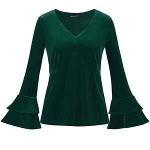 INSPIRE CHIC Women's Regular Fit V Neck Velvet Flare Long Sleeve Peplum Blouse - 1 of 4