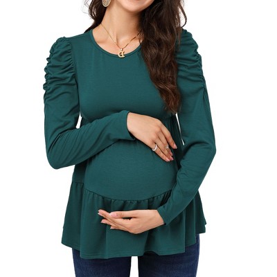Round neck long sleeved pleated layered maternity top, non vacuum 96 # brown yellow BrownYellow_2XL