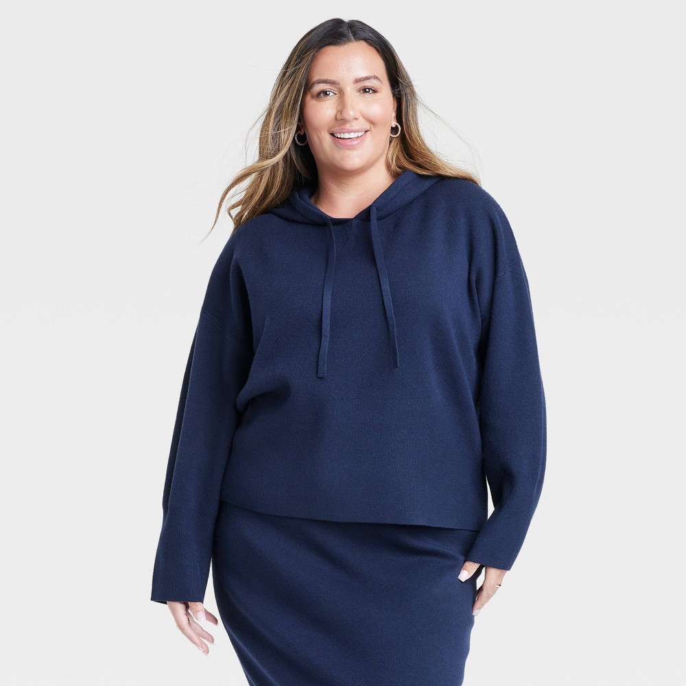 Women's Cozy Knit Hoodie Sweatshirt - A New Day™ Navy 2X